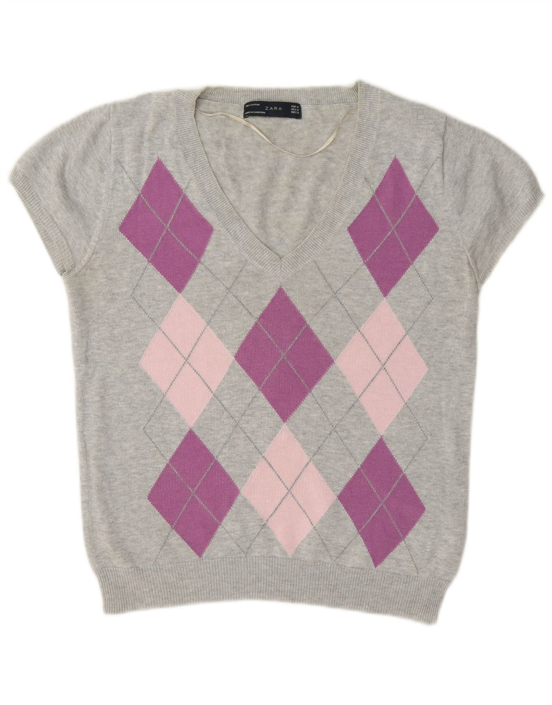 Suéter Zara feminino com decote em V Reino Unido 12 cinza médio Argyle/Diamante