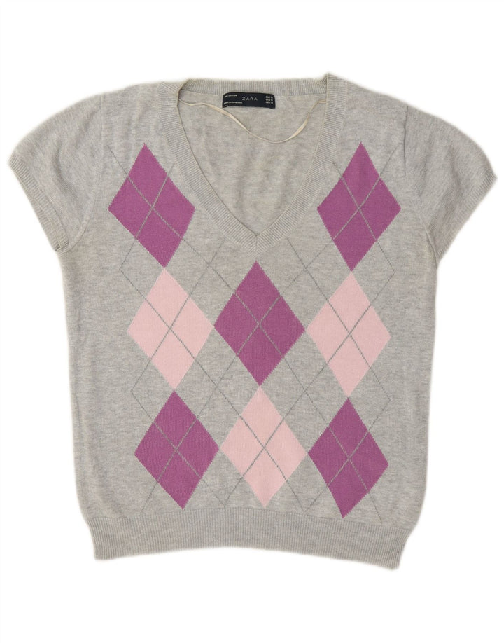 Suéter Zara feminino com decote em V Reino Unido 12 cinza médio Argyle/Diamante