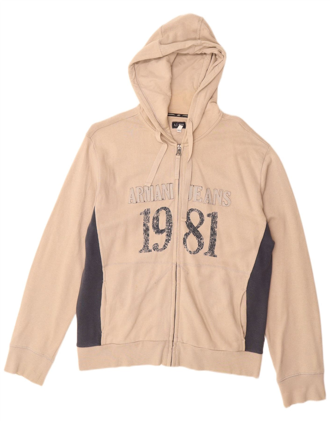 ARMANI JEANS Suéter masculino com capuz e zíper gráfico bloco colorido bege médio