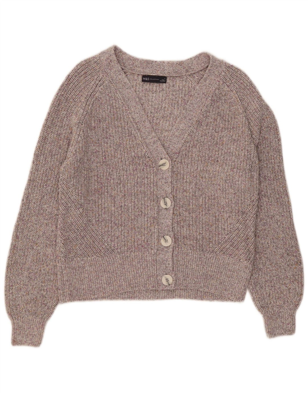 Suéter cardigã feminino MARKS & SPENCER Reino Unido 14 algodão manchado cinza médio