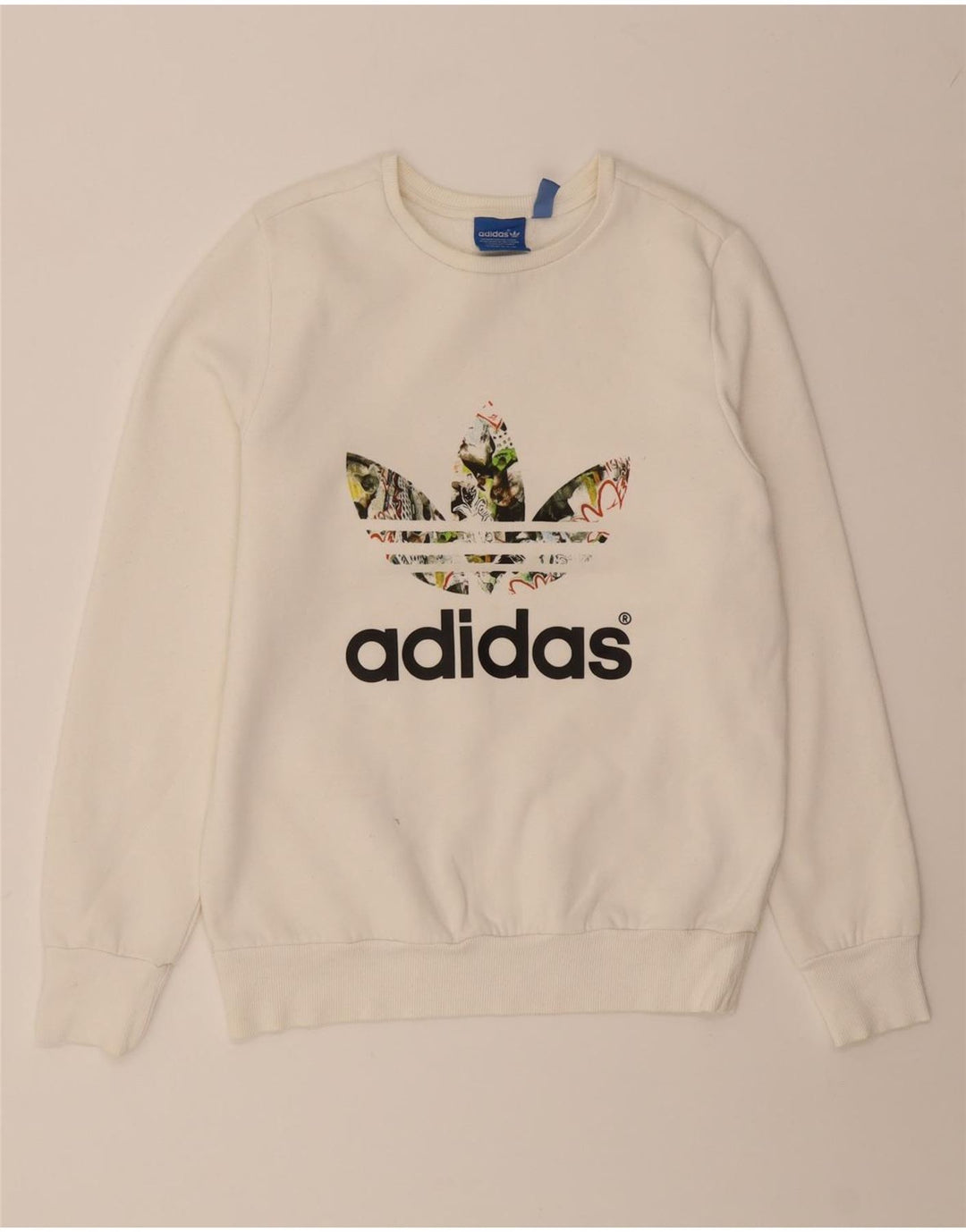 ADIDAS Womens Graphic Sweatshirt Jumper UK 6 XS White Cotton Vintage Adidas and Second-Hand Adidas from Messina Hembry 