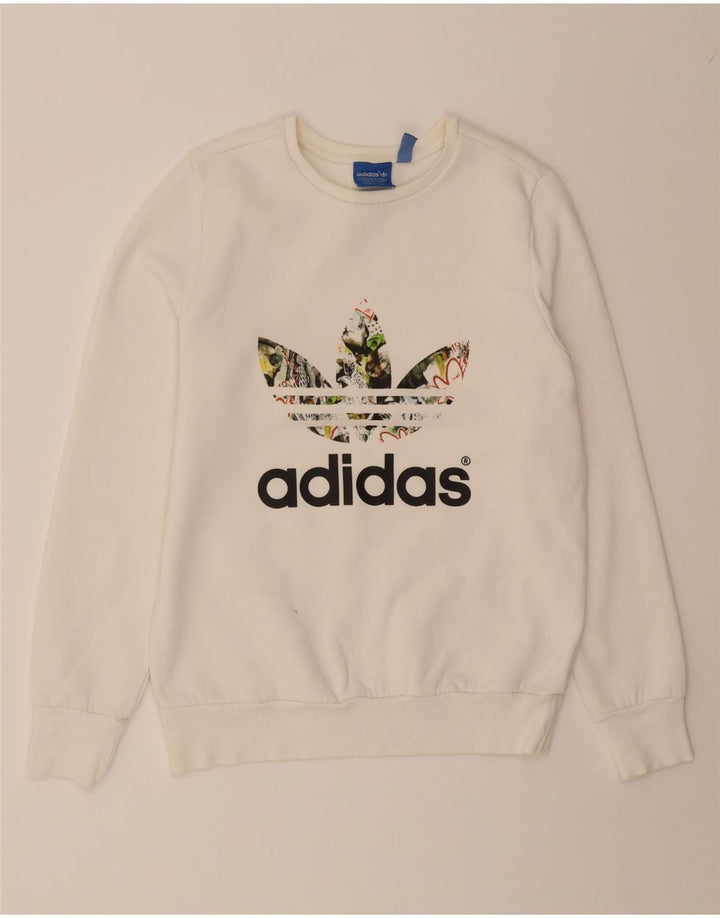 ADIDAS Womens Graphic Sweatshirt Jumper UK 6 XS White Cotton Vintage Adidas and Second-Hand Adidas from Messina Hembry 