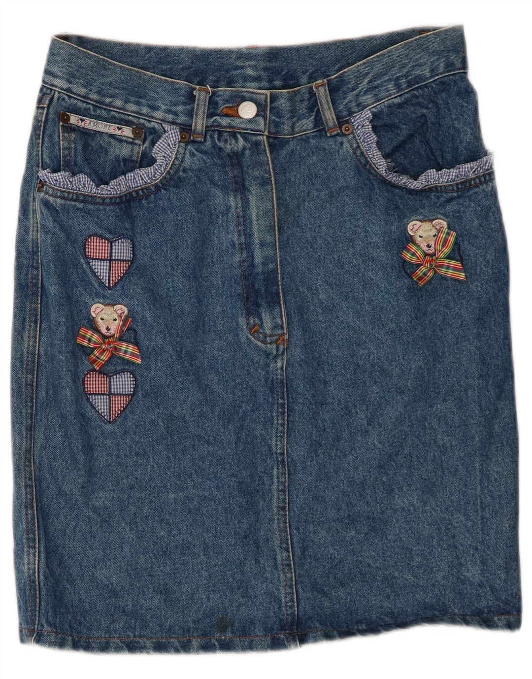 Saia jeans feminina VINTAGE W30 coração de algodão azul médio