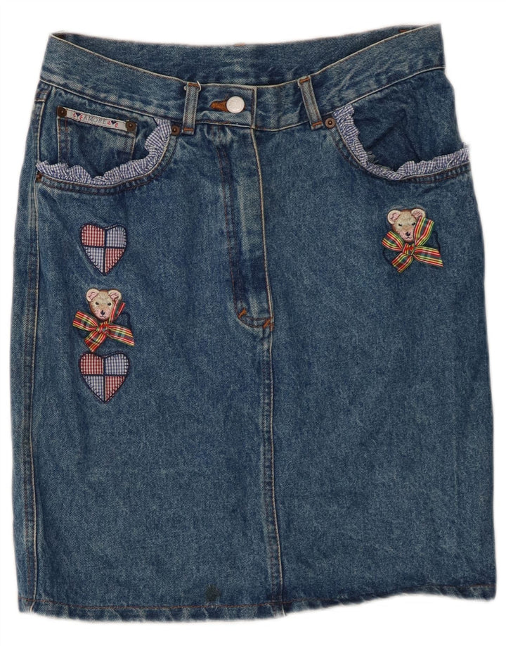 Saia jeans feminina VINTAGE W30 coração de algodão azul médio