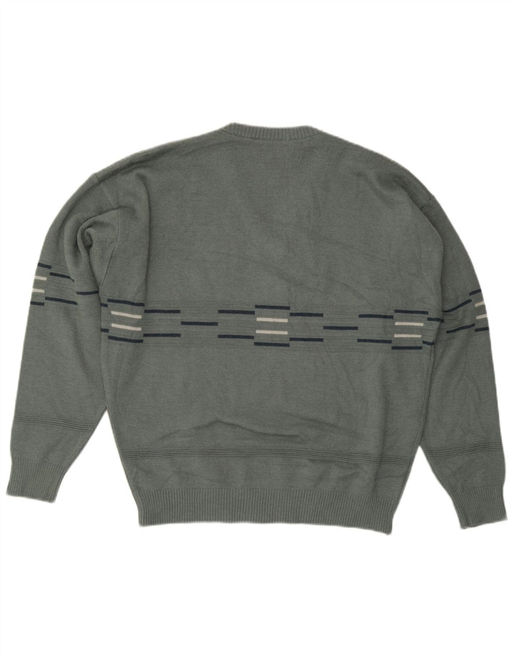 Suéter masculino VINTAGE com decote em V grande listrado cinza