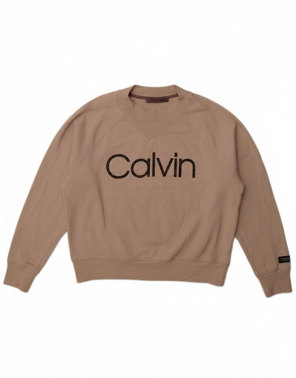 Calvin Klein moletom gráfico feminino jumper UK 16 grande algodão bege