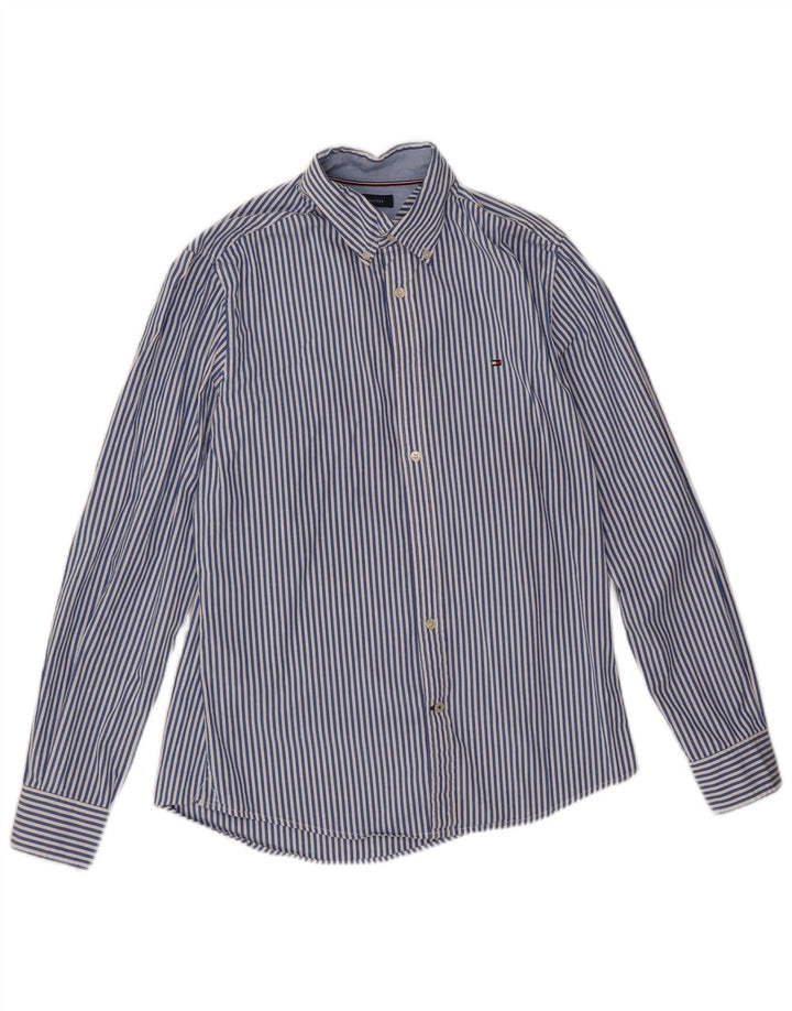 Camisa masculina Tommy Hilfiger pequena listrada azul de algodão