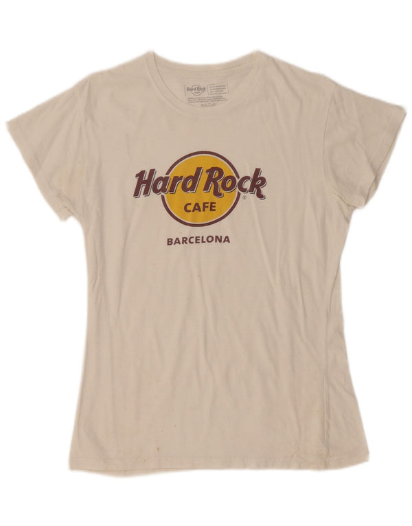 Camiseta feminina Hard Rock Cafe Barcelona com estampa gráfica UK 14 grande off white
