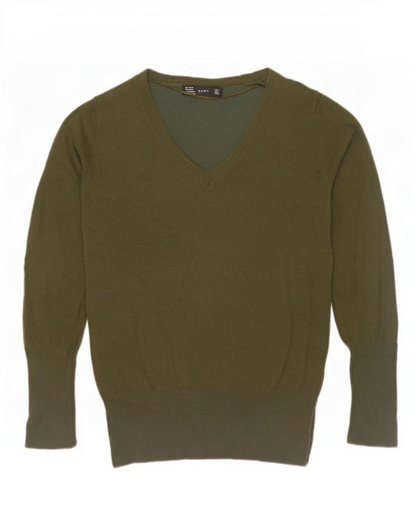 Suéter feminino Zara com decote em V Reino Unido 14 grande rayon cáqui