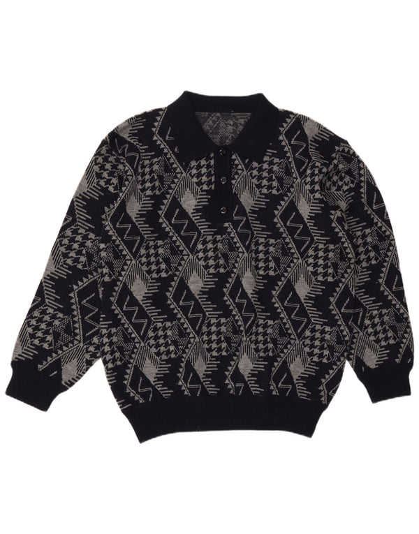 Suéter masculino vintage com gola polo XL azul marinho geométrico