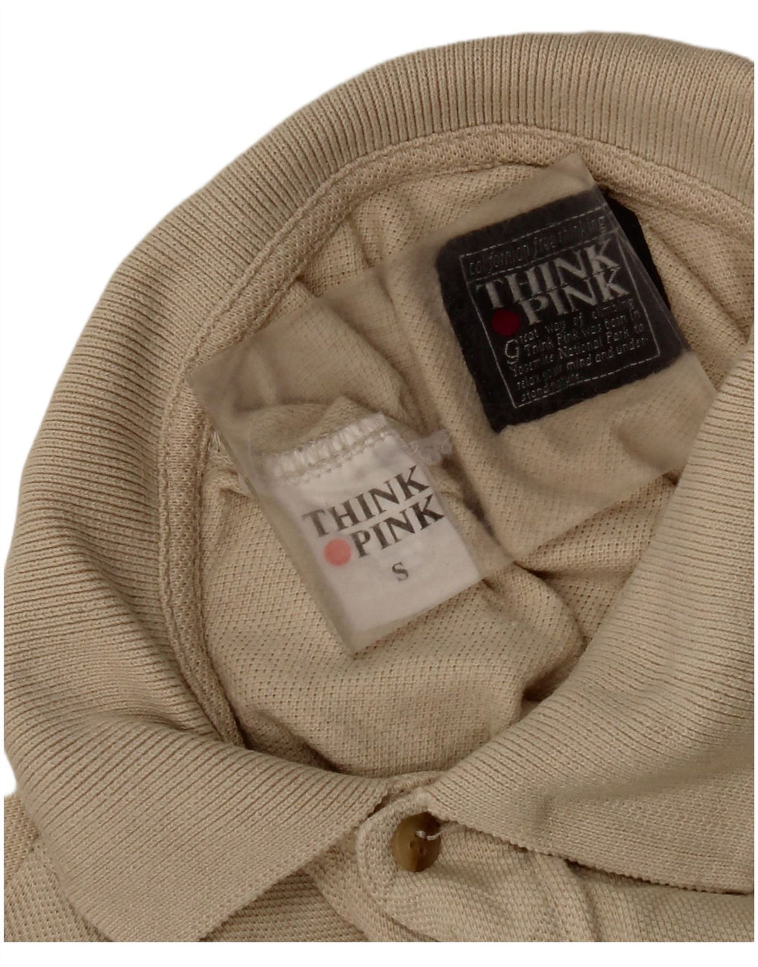 Camisa polo masculina de manga comprida Think Pink de algodão bege pequeno