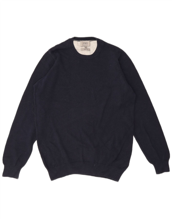 Suéter masculino MARKS & SPENCER com gola redonda, pequeno algodão azul marinho