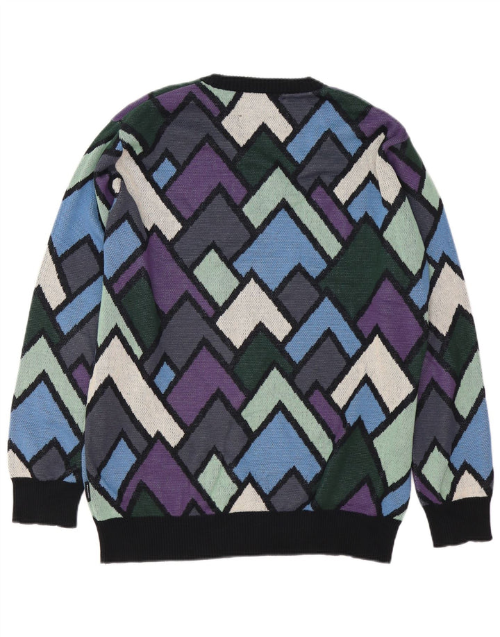 Suéter vintage masculino com gola redonda, algodão geométrico multicolorido médio