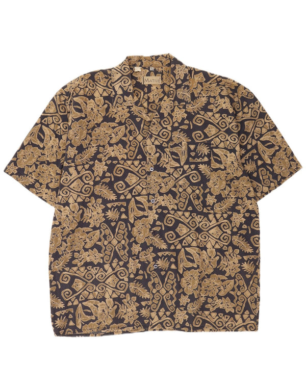 Camisa masculina vintage de manga curta XL poliéster geométrico bege