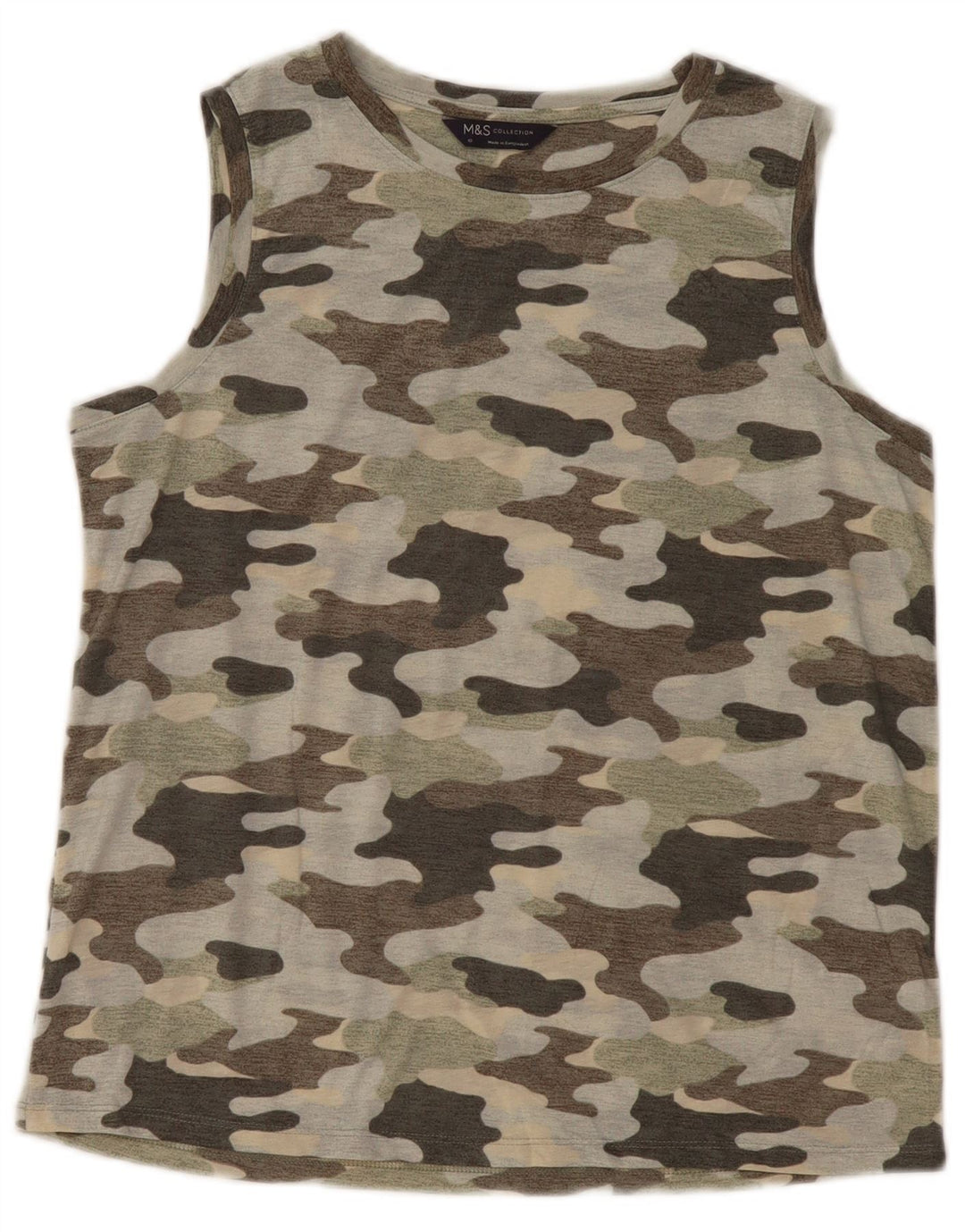 Colete feminino MARKS & SPENCER UK 10 pequeno poliéster camuflado cáqui