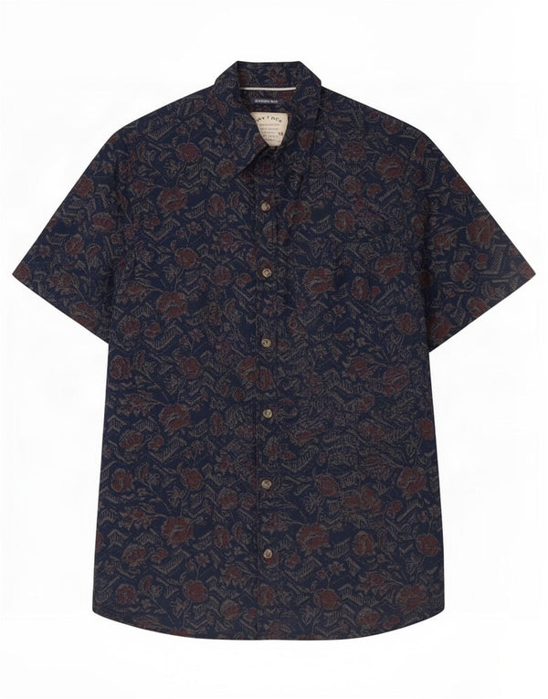 Camisa masculina índigo de manga curta Fat Face masculina pequena de algodão floral azul marinho
