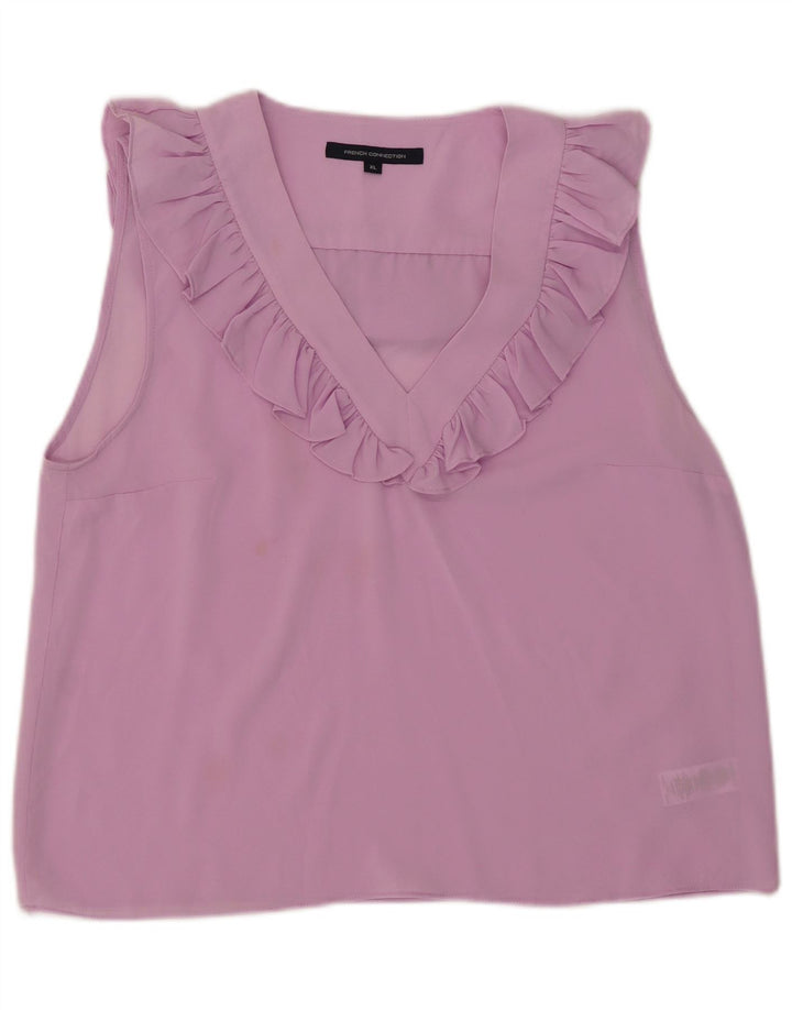Blusa feminina sem mangas com babados na frente da French Connection UK 18 XL rosa