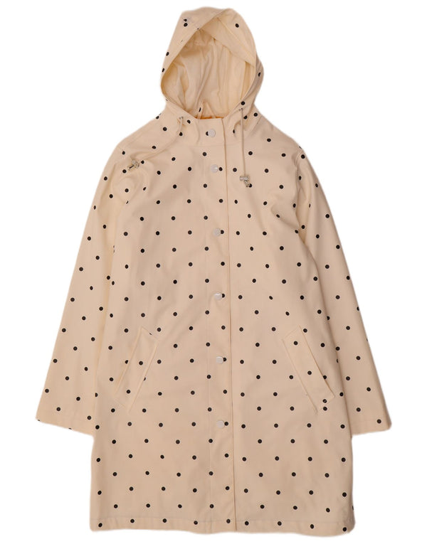 JOULES Womens Hooded Raincoat UK 12 Medium Off White Polka Dot Polyester