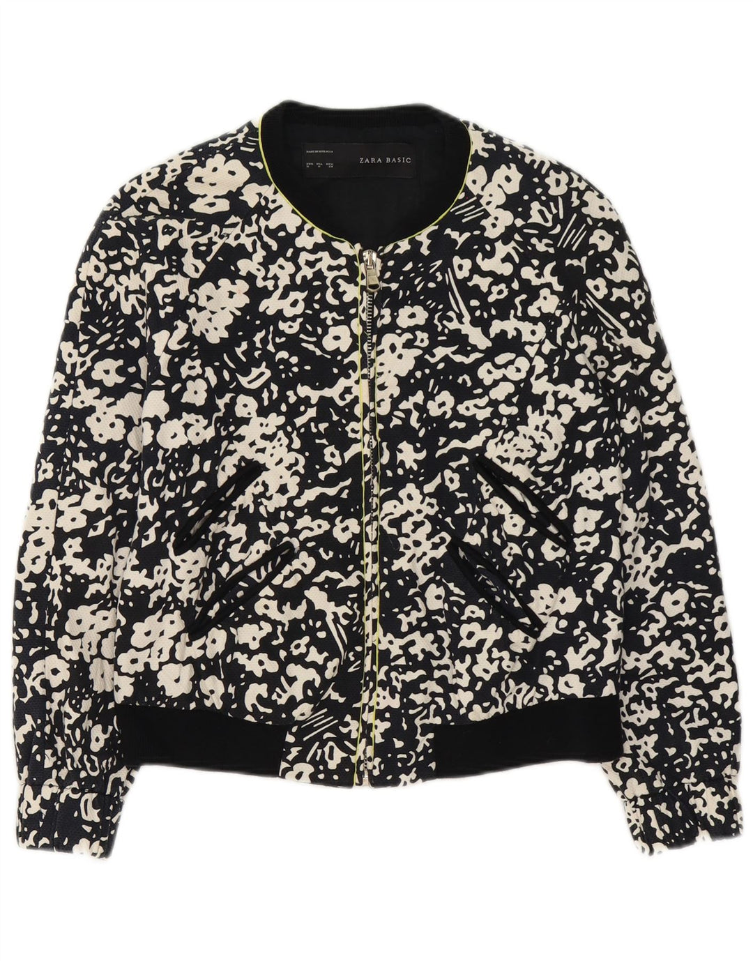 Jaqueta bomber feminina Zara com zíper completo Reino Unido 14 algodão floral preto médio