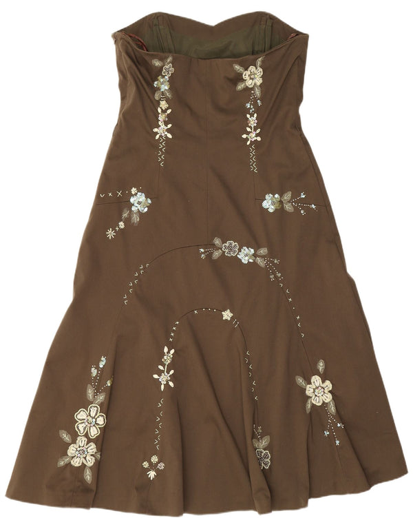 Vestido feminino sem alças Coast UK 10 pequeno algodão floral cáqui