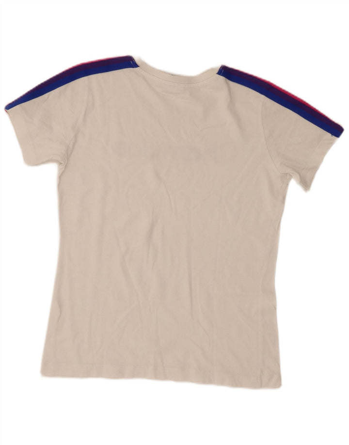 Camiseta feminina estampada Champion UK 12 bloco colorido branco médio