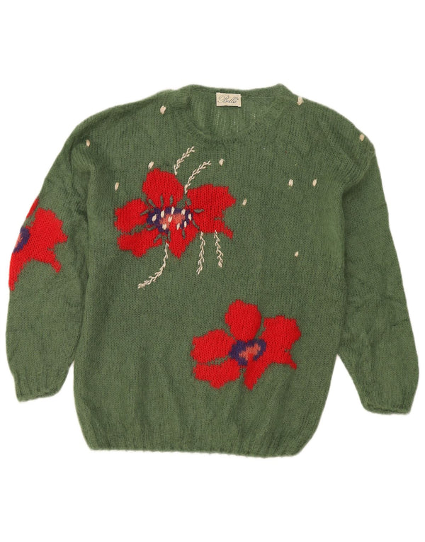 Suéter feminino vintage com gola canoa e gola redonda UK 20 2XL verde floral