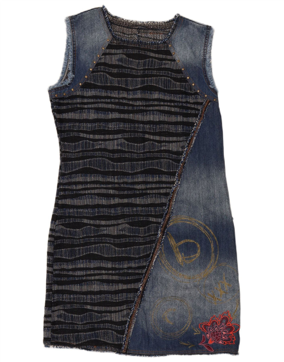 DESIGUAL Vestido feminino gráfico jeans básico UE 42 grande listrado azul marinho
