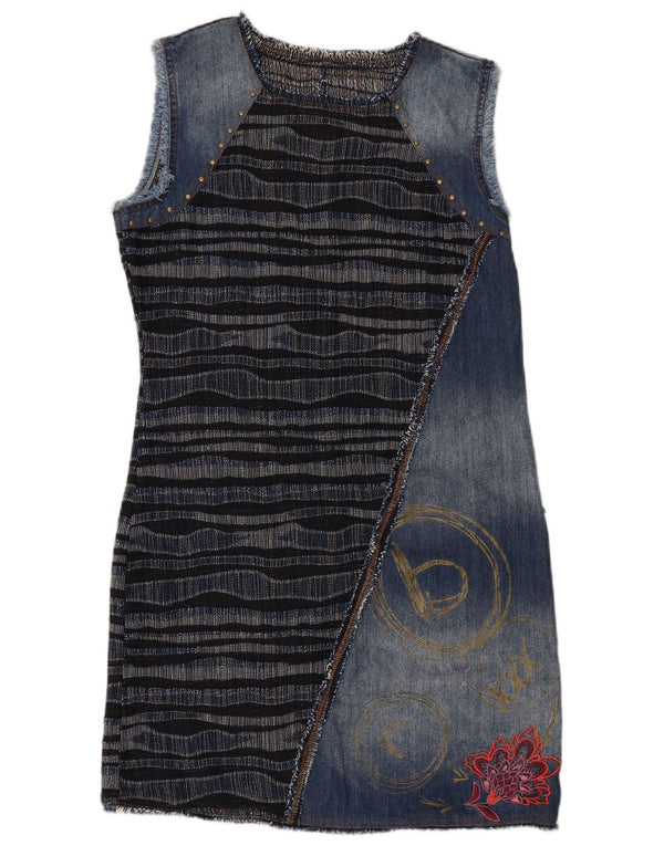 DESIGUAL Vestido feminino gráfico jeans básico UE 42 grande listrado azul marinho