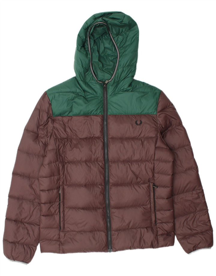 Jaqueta masculina acolchoada com capuz Fred Perry UK 38 marrom médio colorblock nylon