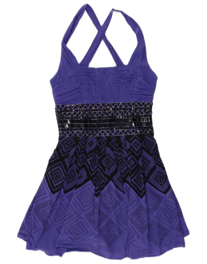 Top feminino vintage UK 12 poliéster geométrico roxo médio