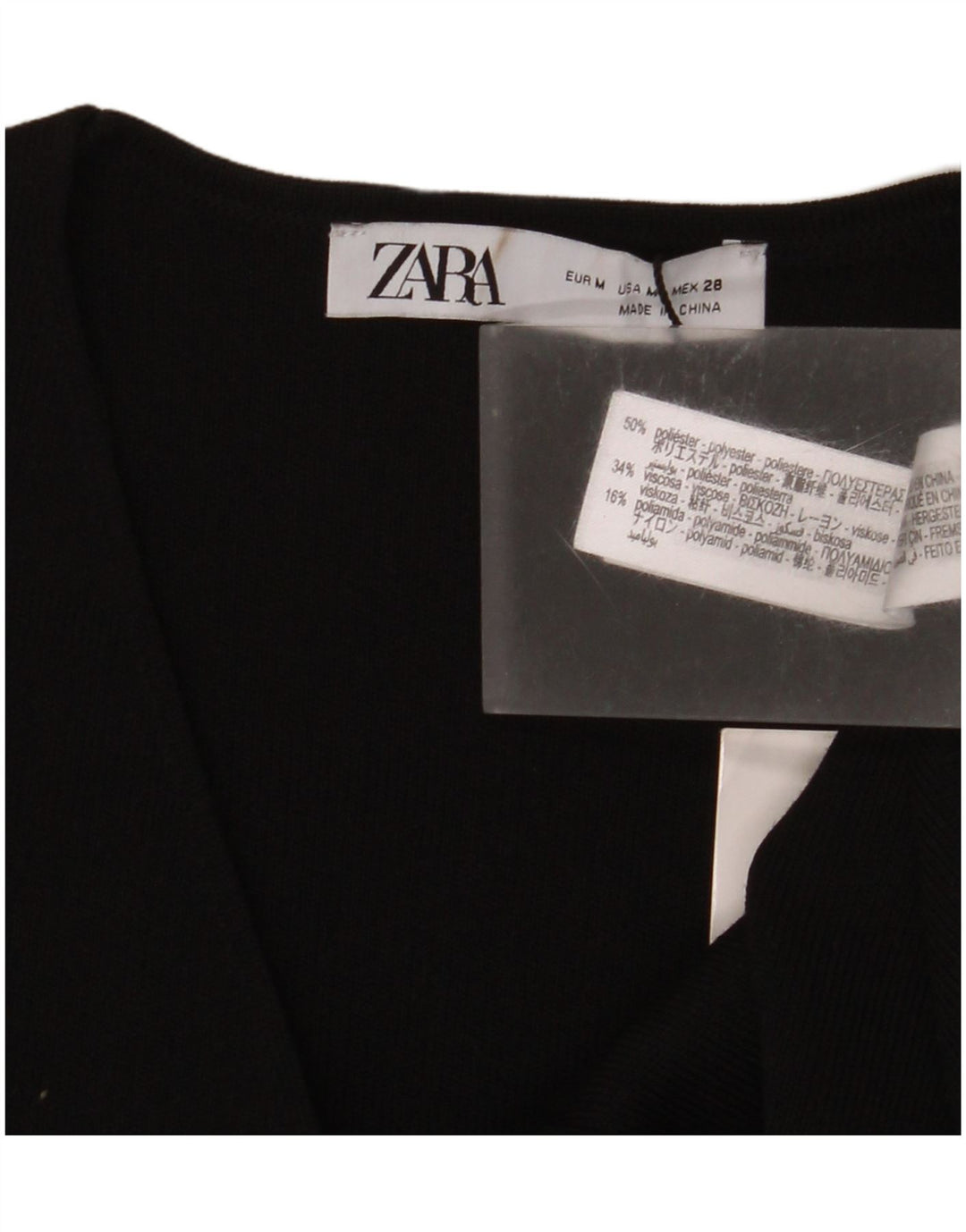 Zara Womens Short Sleeve Crop Top UK 12 Médio Preto Poliéster