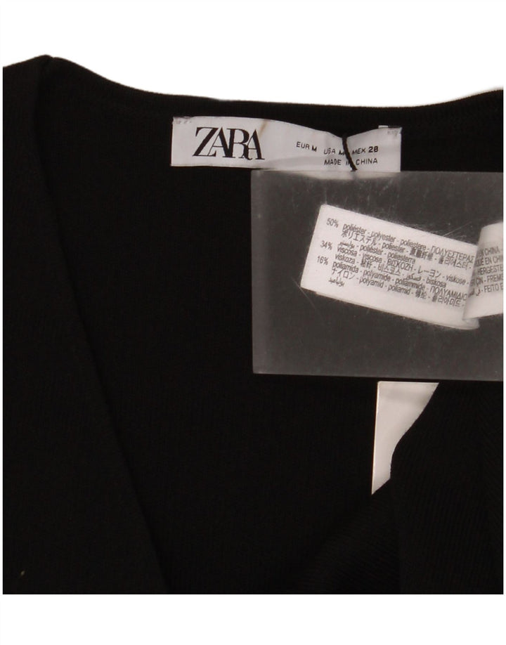 Zara Womens Short Sleeve Crop Top UK 12 Médio Preto Poliéster