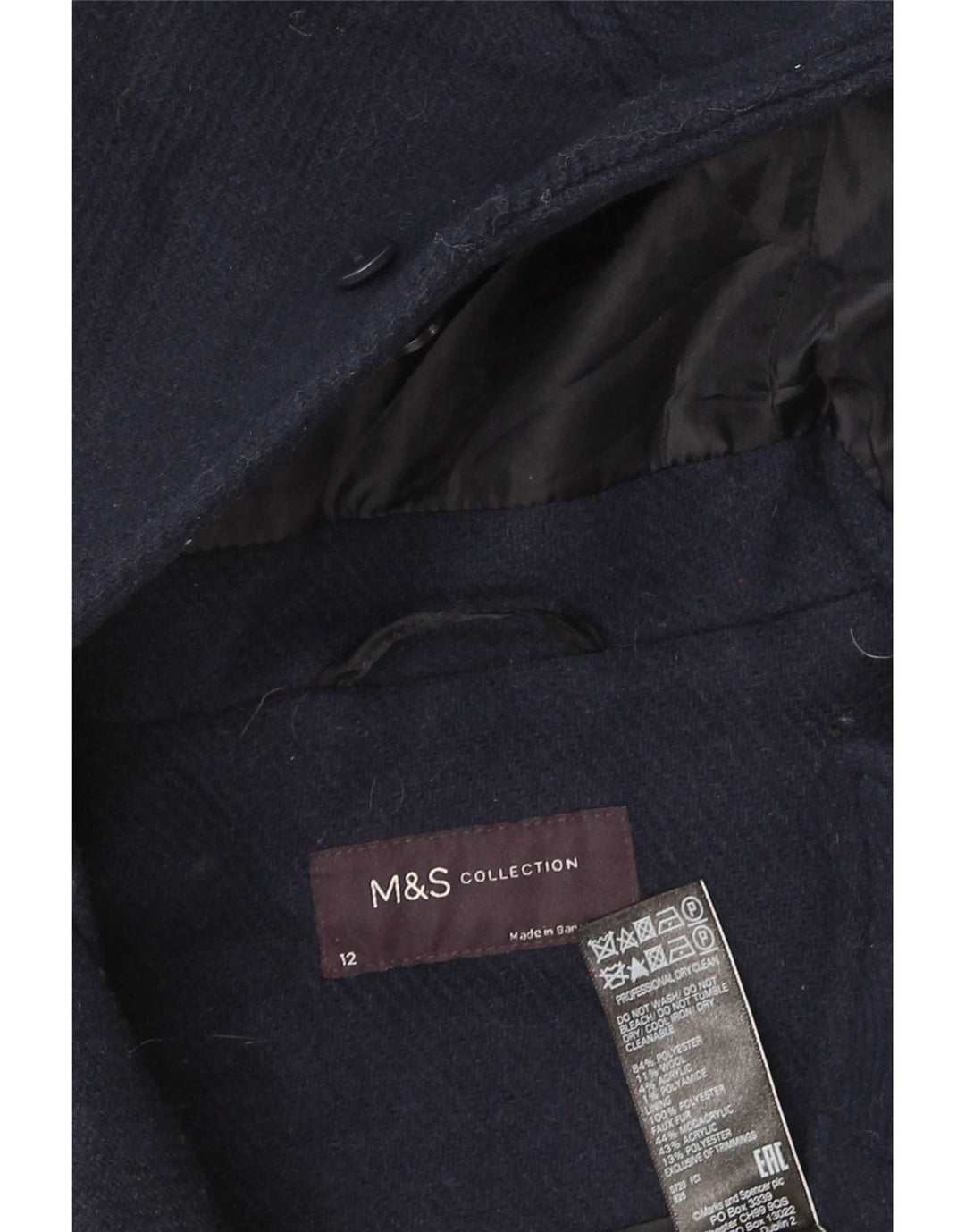 Casaco Duffle feminino com capuz Marks & Spencer Reino Unido 12 poliéster azul marinho médio