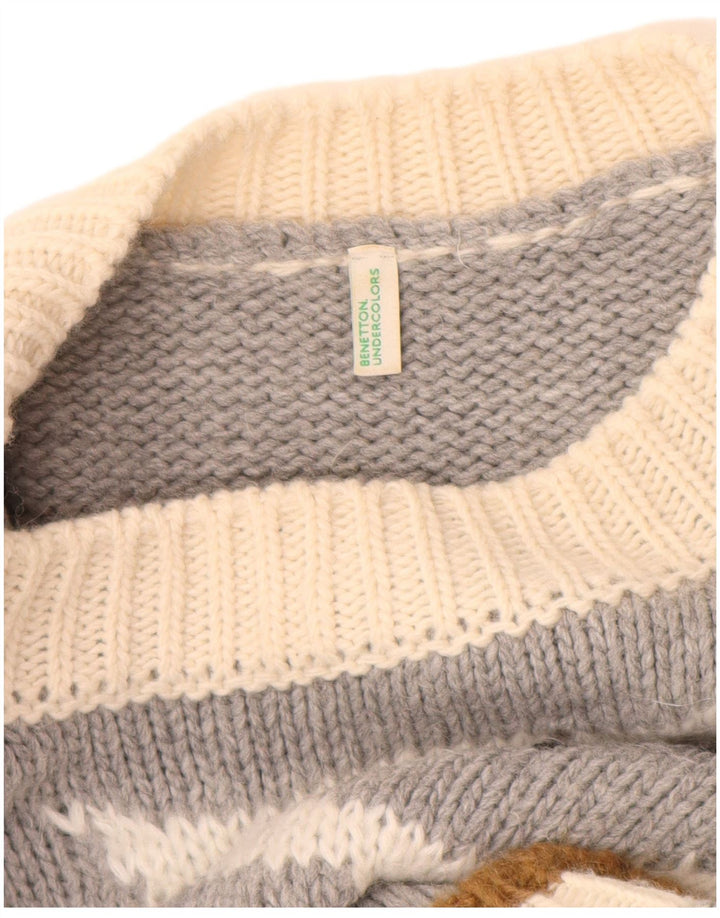 Suéter feminino Benetton com gola canoa UK 14 bloco colorido cinza médio