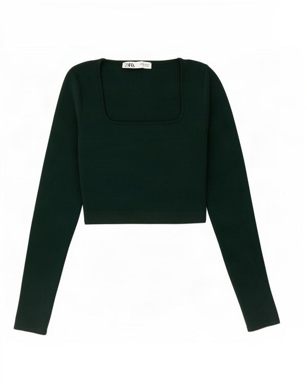 Zara Womens Crop Top Manga Longa Reino Unido 8 Pequeno Verde