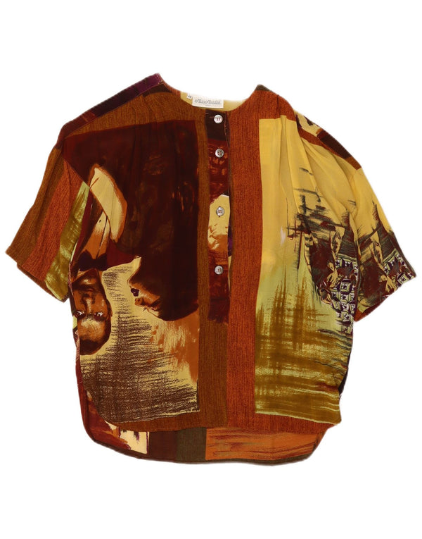Blusa gráfica feminina vintage Top IT 46 grande bloco colorido marrom