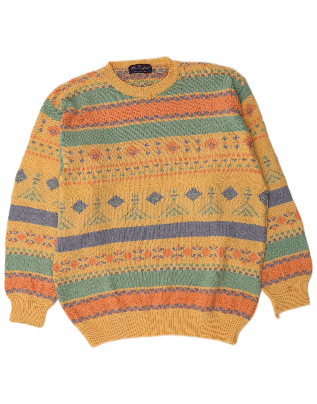 Suéter masculino Old England com gola redonda, grande lã amarela Fair Isle