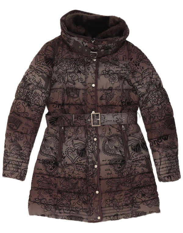 Casaco acolchoado com capuz feminino Desigual EU 38 médio preto floral poliéster