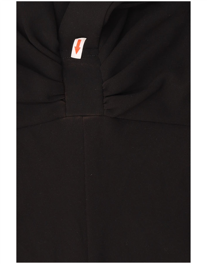 Vestido feminino Laura Ashley sem mangas evasê Reino Unido 12 poliéster preto médio