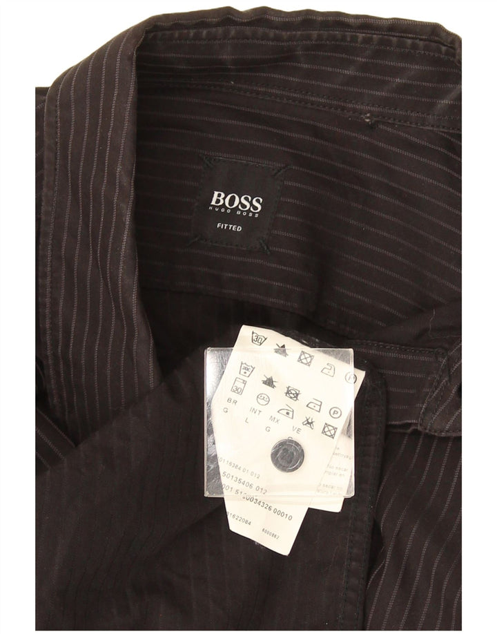 Camisa masculina Hugo Boss justa grande listrada preta de algodão