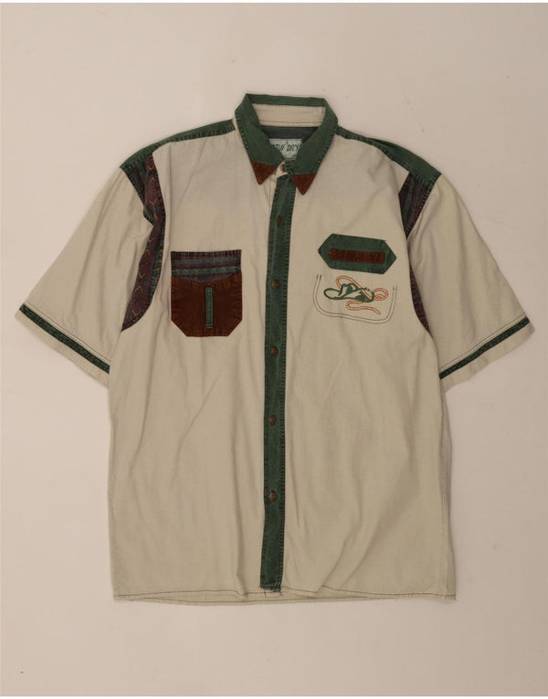 Camisa masculina vintage de manga curta IT 48 algodão colorblock bege médio