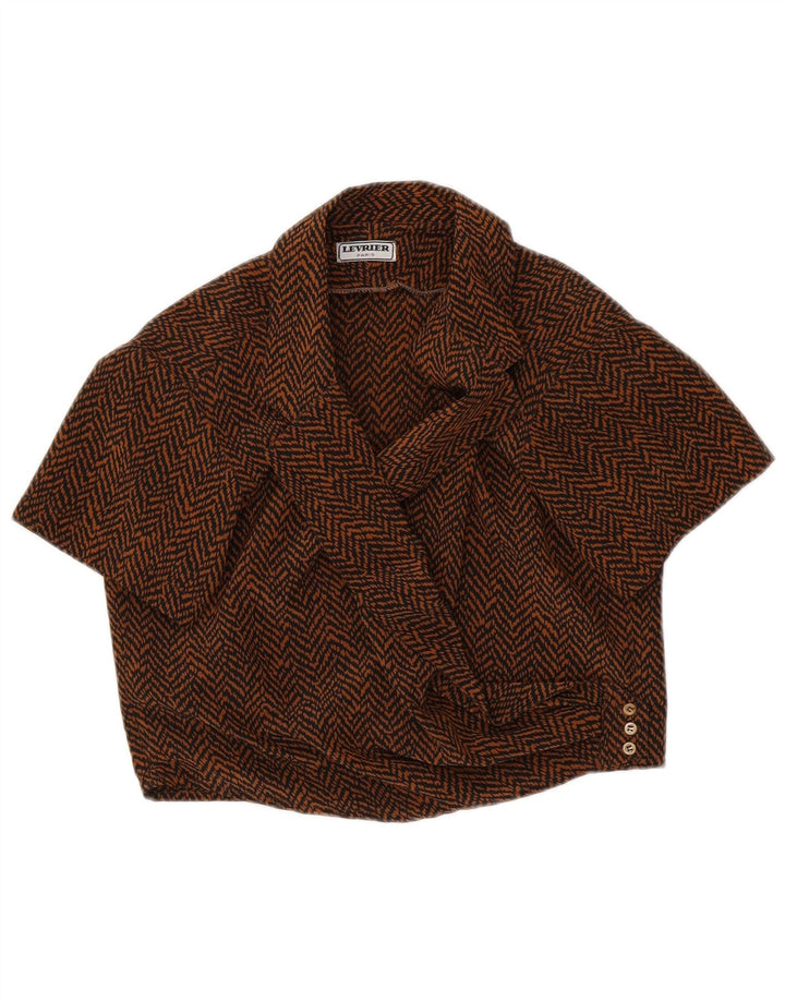 Blusa feminina vintage de manga curta, camisa uk 8 pequena espinha de peixe marrom