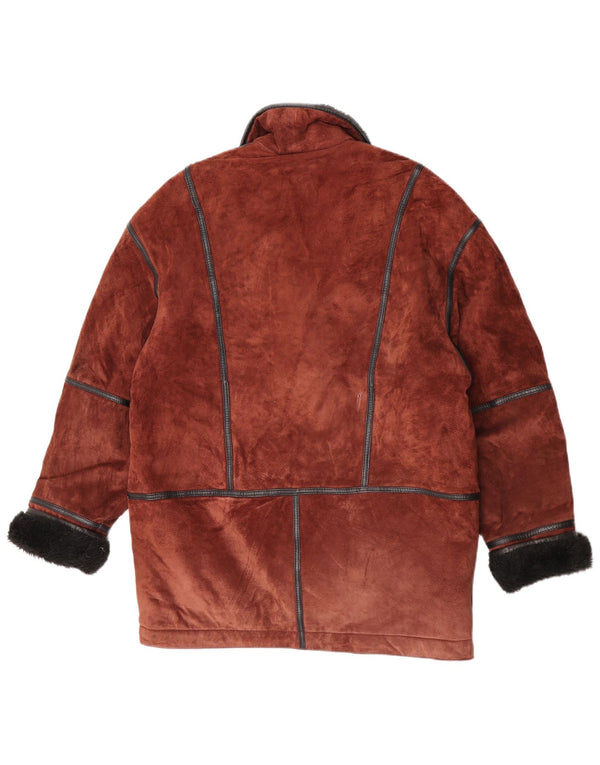 Casaco feminino vintage folgado em shearling Reino Unido 12 bloco colorido marrom médio