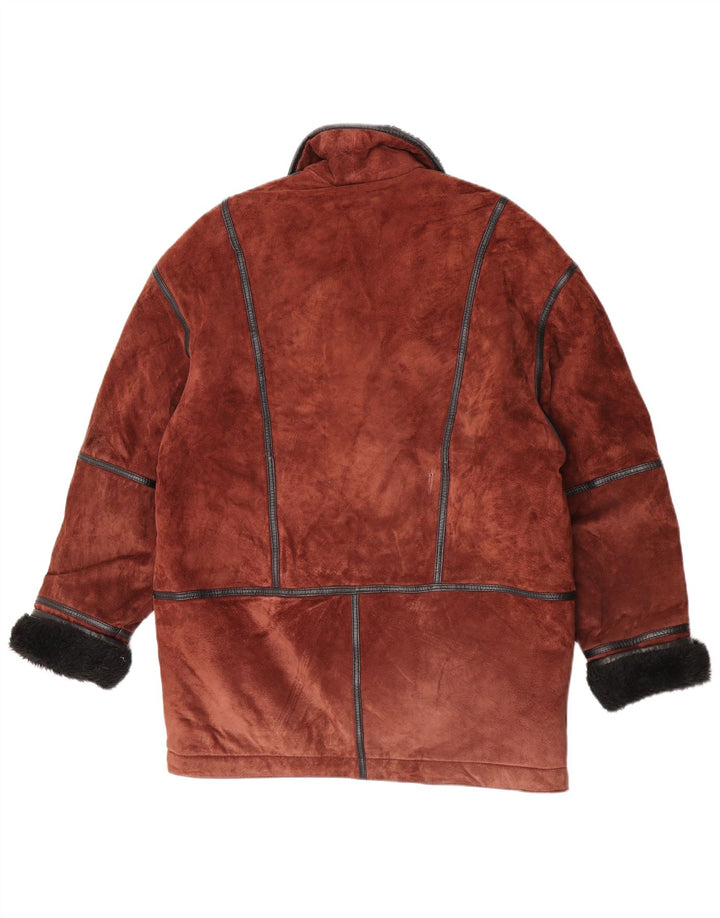 Casaco feminino vintage folgado em shearling Reino Unido 12 bloco colorido marrom médio