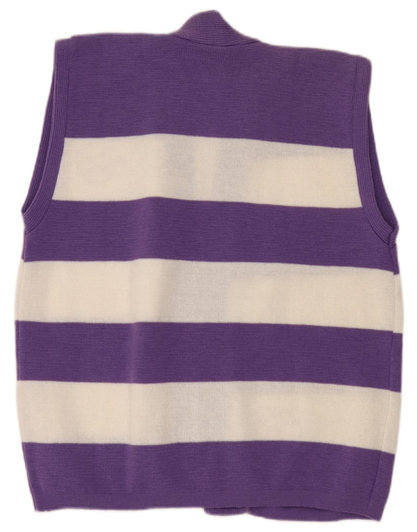 Suéter cardigã aberto sem mangas feminino vintage Reino Unido 18 XL listrado roxo