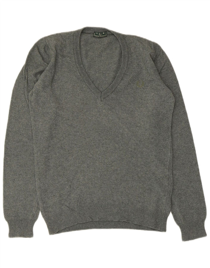 Suéter feminino Fred Perry com decote em V Reino Unido 12 lã cinza médio