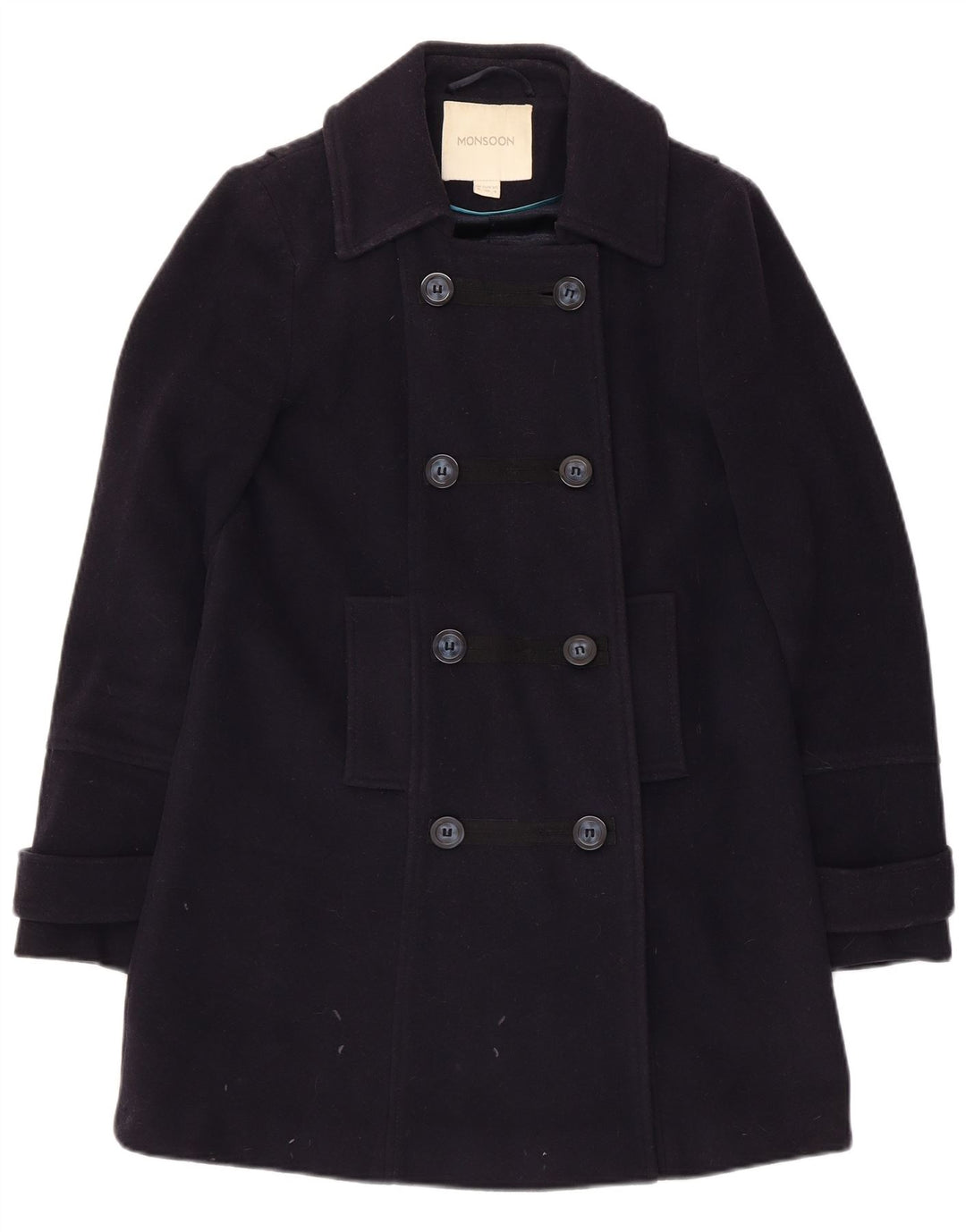 Casaco feminino Monsoon com peito duplo Reino Unido 8 pequeno lã azul marinho
