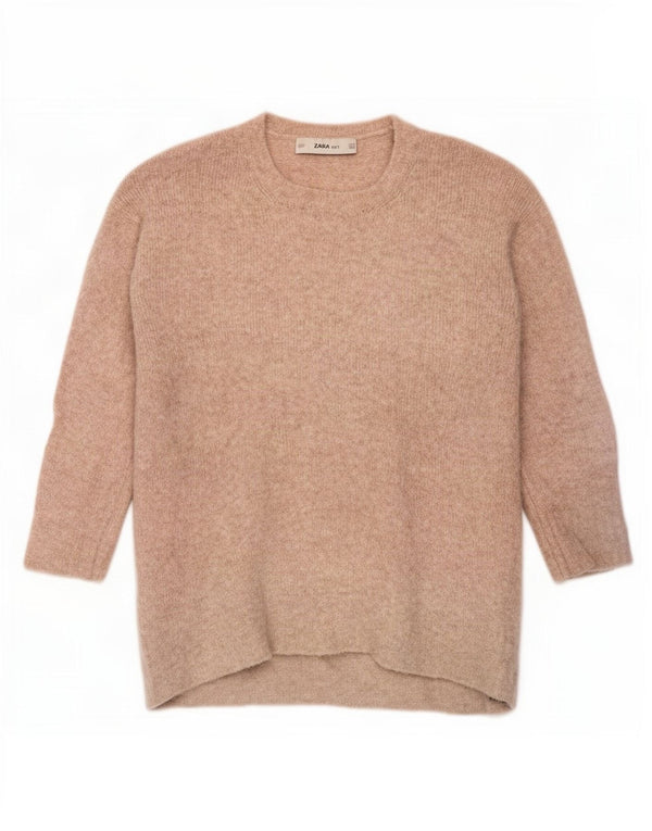 Suéter feminino Zara com manga 3/4 e gola redonda Reino Unido 14 médio bege