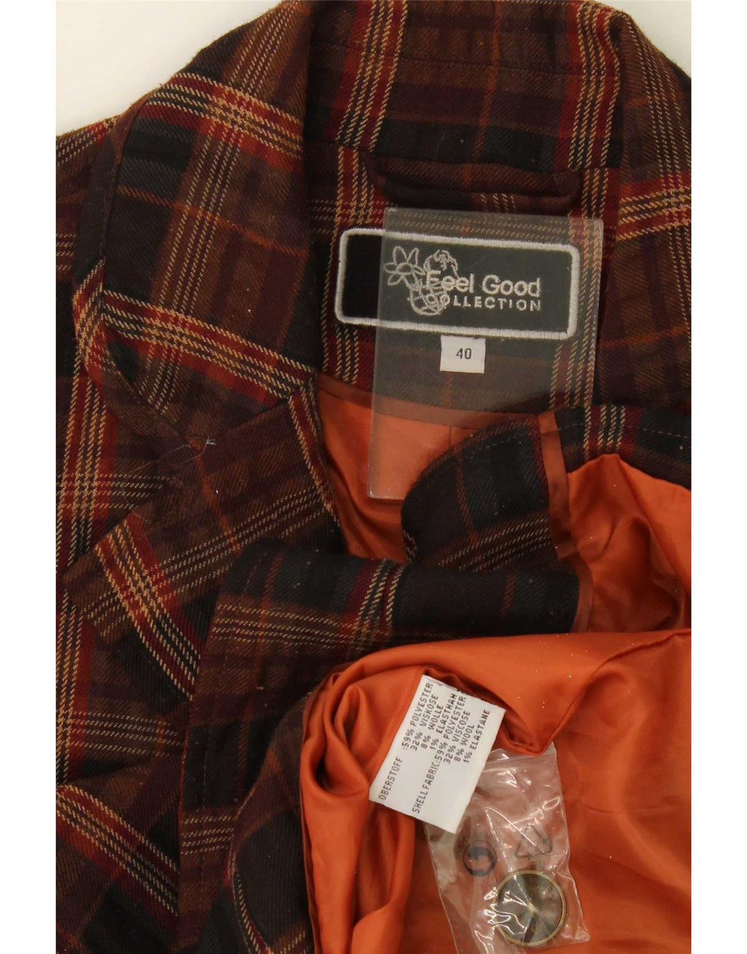 Jaqueta blazer feminina vintage com 3 botões EU 40 poliéster marrom médio xadrez