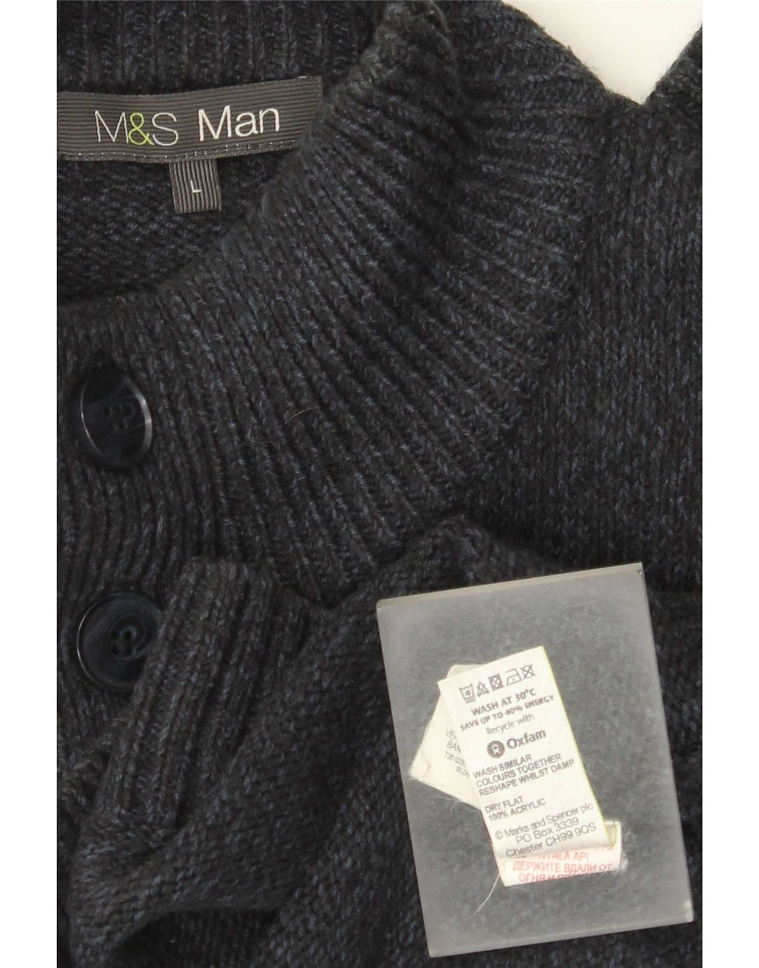 Suéter masculino Marks & Spencer com gola com botão grande azul marinho salpicado